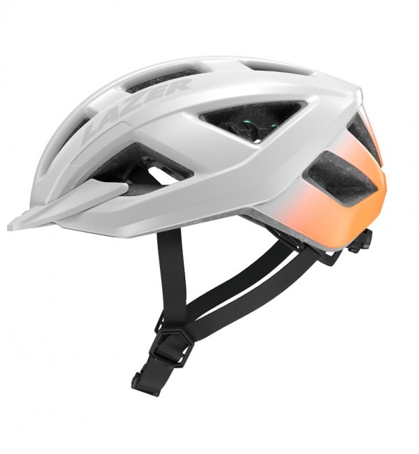 Kask rowerowy Lazer Cerro KinetiCore Biało Pomarańczowy zdjęcie z lewego profilu.