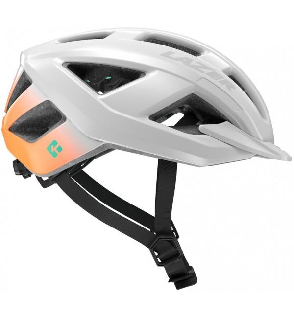 Kask rowerowy Lazer Cerro KinetiCore Biało Pomarańczowy zdjęcie z prawgo profilu.